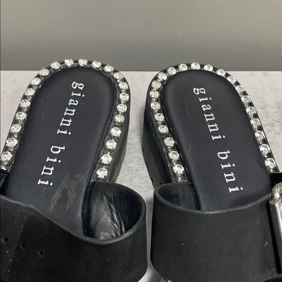 Gianni Bini Black Leather Rhinestone Buckle Sandals - Picture 5 of 14